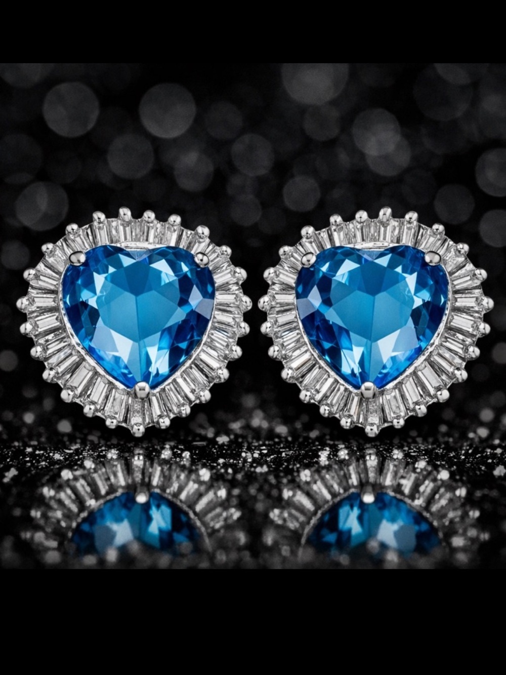 Heart Cut Blue Swiss Blue Topaz Cz statement stud drop silver Baguette Earrings